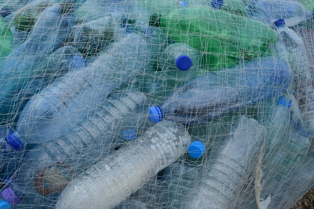 Plastic bottles caught in a net